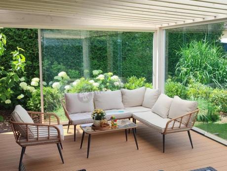 Beżowy narożnik z fotelem na taras w stylu boho - Torgiano Corner - Brown