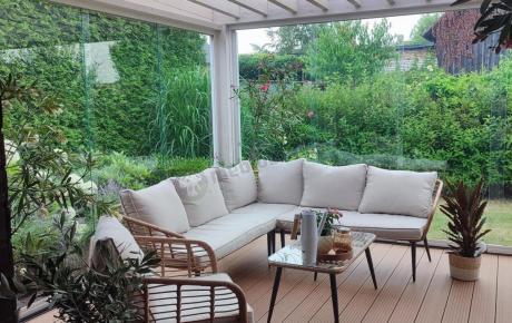 Beżowy narożnik z fotelem na taras w stylu boho - Torgiano Corner - Brown