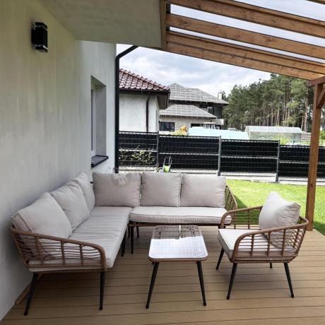 Beżowy narożnik z fotelem na taras w stylu boho - Torgiano Corner - Brown