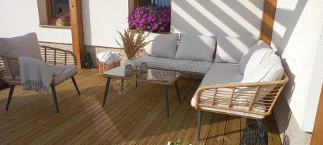 Beżowy narożnik z fotelem na taras w stylu boho - Torgiano Corner - Brown