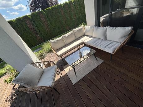 Beżowy narożnik z fotelem na taras w stylu boho - Torgiano Corner - Brown