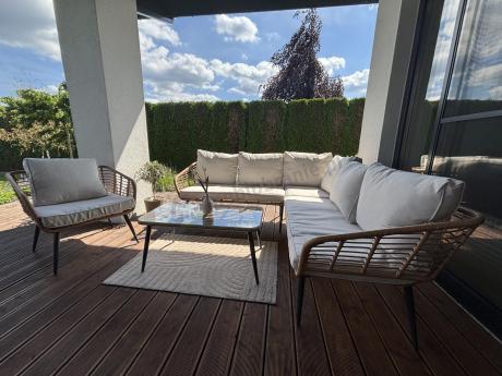 Beżowy narożnik z fotelem na taras w stylu boho - Torgiano Corner - Brown