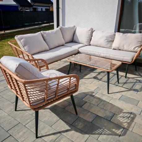 Beżowy narożnik z fotelem na taras w stylu boho - Torgiano Corner - Brown