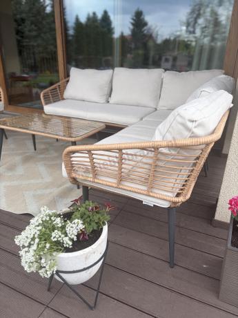 Beżowy narożnik z fotelem na taras w stylu boho - Torgiano Corner - Brown