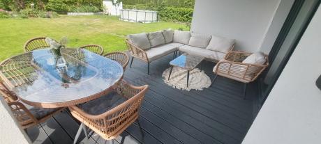 Beżowy narożnik z fotelem na taras w stylu boho - Torgiano Corner - Brown