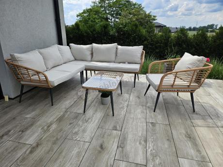 Beżowy narożnik z fotelem na taras w stylu boho - Torgiano Corner - Brown