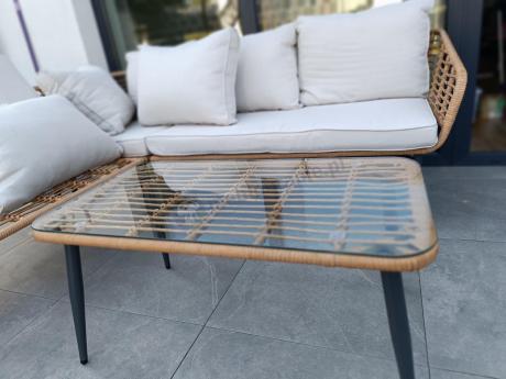 Beżowy narożnik z fotelem na taras w stylu boho - Torgiano Corner - Brown