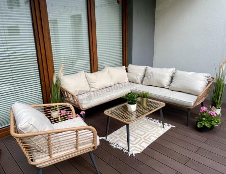 Beżowy narożnik z fotelem na taras w stylu boho - Torgiano Corner - Brown