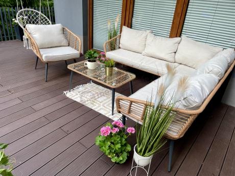 Beżowy narożnik z fotelem na taras w stylu boho - Torgiano Corner - Brown