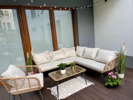 Beżowy narożnik z fotelem na taras w stylu boho - Torgiano Corner - Brown