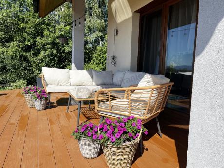 Beżowy narożnik z fotelem na taras w stylu boho - Torgiano Corner - Brown