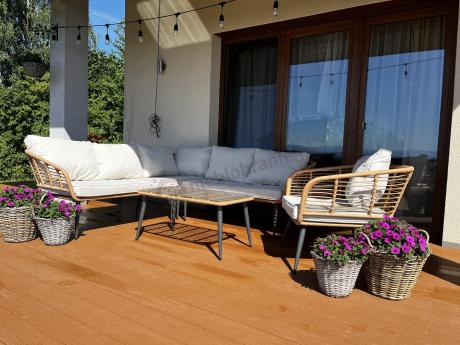 Beżowy narożnik z fotelem na taras w stylu boho - Torgiano Corner - Brown