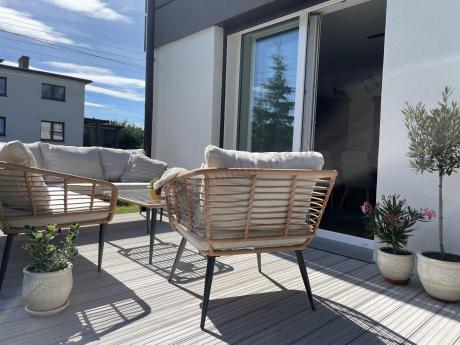 Beżowy narożnik z fotelem na taras w stylu boho - Torgiano Corner - Brown