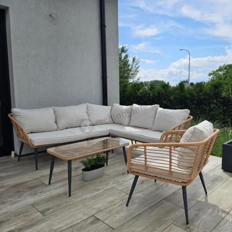 Beżowy narożnik z fotelem na taras w stylu boho - Torgiano Corner - Brown