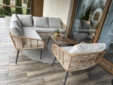 Beżowy narożnik z fotelem na taras w stylu boho - Torgiano Corner - Brown