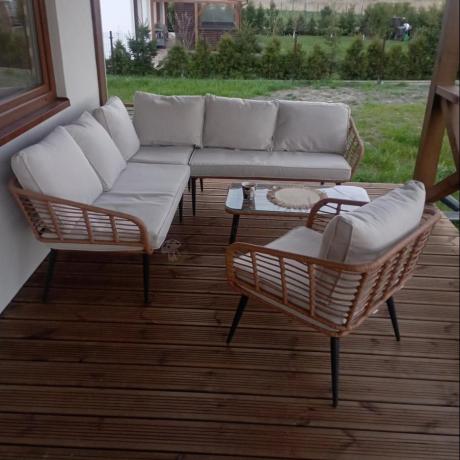 Beżowy narożnik z fotelem na taras w stylu boho - Torgiano Corner - Brown