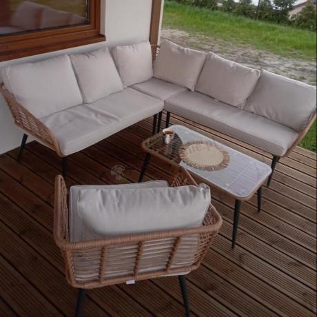 Beżowy narożnik z fotelem na taras w stylu boho - Torgiano Corner - Brown