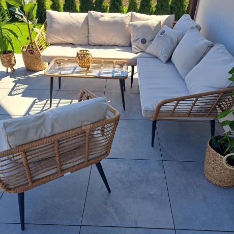 Beżowy narożnik z fotelem na taras w stylu boho - Torgiano Corner - Brown