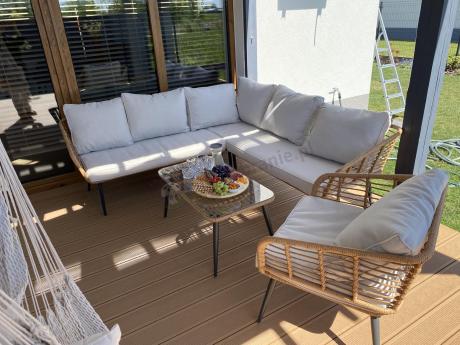 Beżowy narożnik z fotelem na taras w stylu boho - Torgiano Corner - Brown