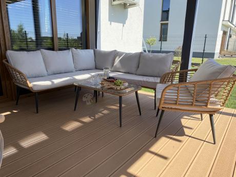 Beżowy narożnik z fotelem na taras w stylu boho - Torgiano Corner - Brown