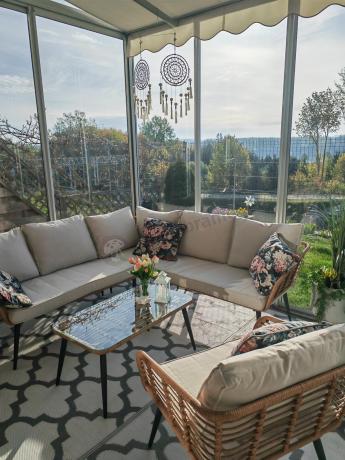 Beżowy narożnik z fotelem na taras w stylu boho - Torgiano Corner - Brown