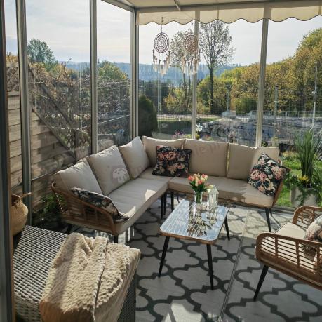 Beżowy narożnik z fotelem na taras w stylu boho - Torgiano Corner - Brown