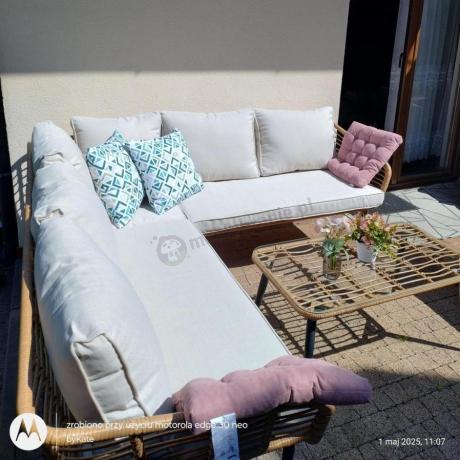 Beżowy narożnik z fotelem na taras w stylu boho - Torgiano Corner - Brown