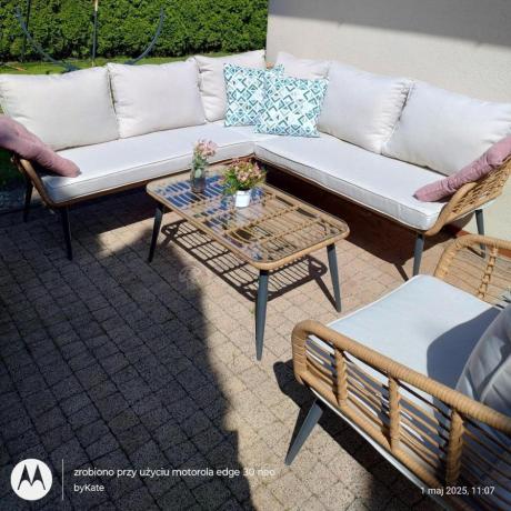 Beżowy narożnik z fotelem na taras w stylu boho - Torgiano Corner - Brown