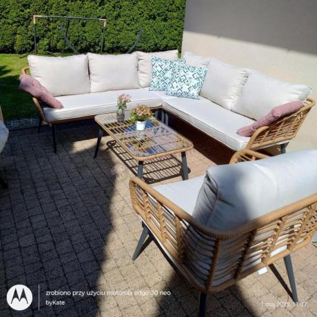 Beżowy narożnik z fotelem na taras w stylu boho - Torgiano Corner - Brown