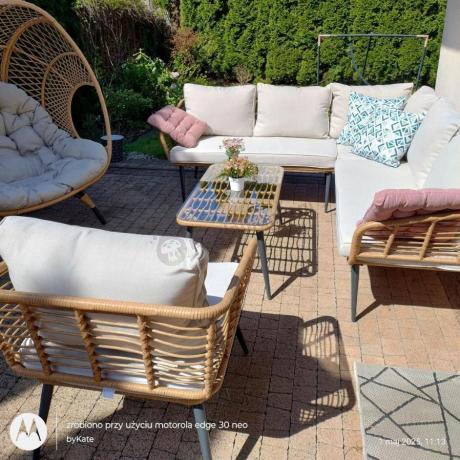 Beżowy narożnik z fotelem na taras w stylu boho - Torgiano Corner - Brown