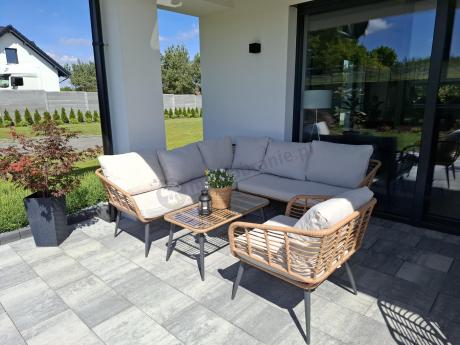 Beżowy narożnik z fotelem na taras w stylu boho - Torgiano Corner - Brown