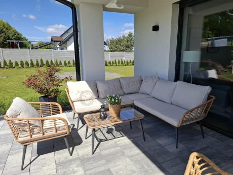 Beżowy narożnik z fotelem na taras w stylu boho - Torgiano Corner - Brown