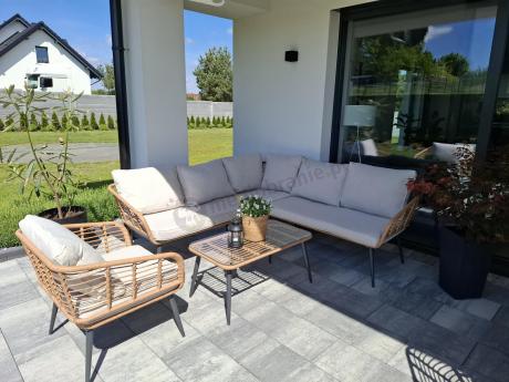 Beżowy narożnik z fotelem na taras w stylu boho - Torgiano Corner - Brown