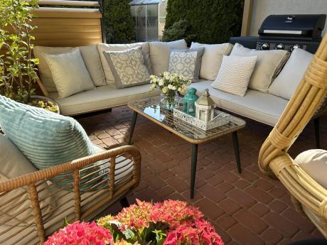 Beżowy narożnik z fotelem na taras w stylu boho - Torgiano Corner - Brown