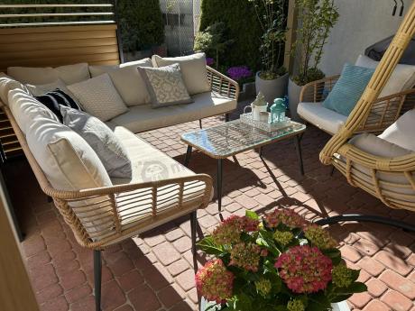 Beżowy narożnik z fotelem na taras w stylu boho - Torgiano Corner - Brown