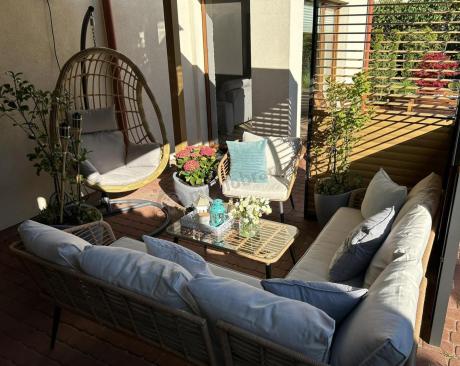 Beżowy narożnik z fotelem na taras w stylu boho - Torgiano Corner - Brown