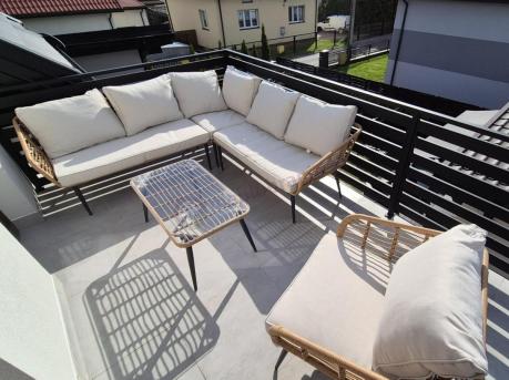 Beżowy narożnik z fotelem na taras w stylu boho - Torgiano Corner - Brown