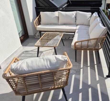 Beżowy narożnik z fotelem na taras w stylu boho - Torgiano Corner - Brown