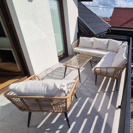 Beżowy narożnik z fotelem na taras w stylu boho - Torgiano Corner - Brown