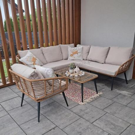 Beżowy narożnik z fotelem na taras w stylu boho - Torgiano Corner - Brown