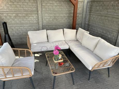 Beżowy narożnik z fotelem na taras w stylu boho - Torgiano Corner - Brown