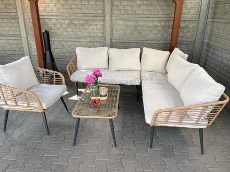 Beżowy narożnik z fotelem na taras w stylu boho - Torgiano Corner - Brown