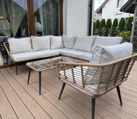 Beżowy narożnik z fotelem na taras w stylu boho - Torgiano Corner - Brown