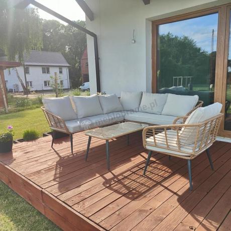 Beżowy narożnik z fotelem na taras w stylu boho - Torgiano Corner - Brown