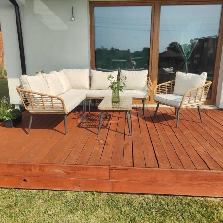 Beżowy narożnik z fotelem na taras w stylu boho - Torgiano Corner - Brown