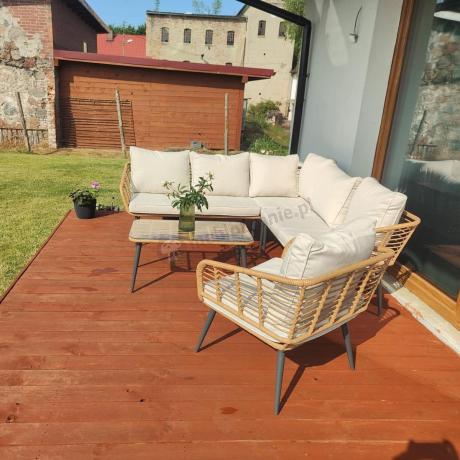 Beżowy narożnik z fotelem na taras w stylu boho - Torgiano Corner - Brown