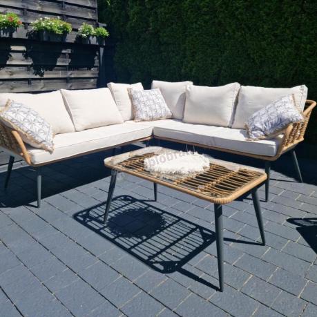 Beżowy narożnik z fotelem na taras w stylu boho - Torgiano Corner - Brown