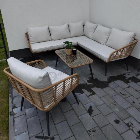 Beżowy narożnik z fotelem na taras w stylu boho - Torgiano Corner - Brown