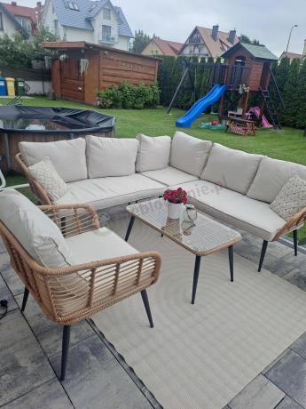 Beżowy narożnik z fotelem na taras w stylu boho - Torgiano Corner - Natural