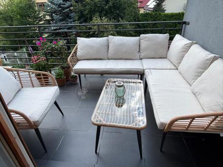 Beżowy narożnik z fotelem na taras w stylu boho - Torgiano Corner - Natural